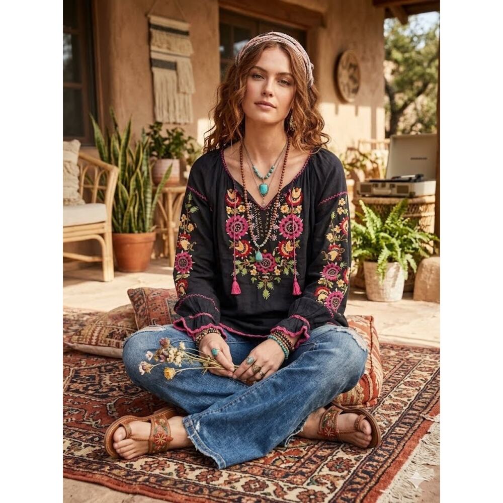 J Peterman Black Floral Embroidered Boho Long Sleeve Blouse Linen Relaxed Top L